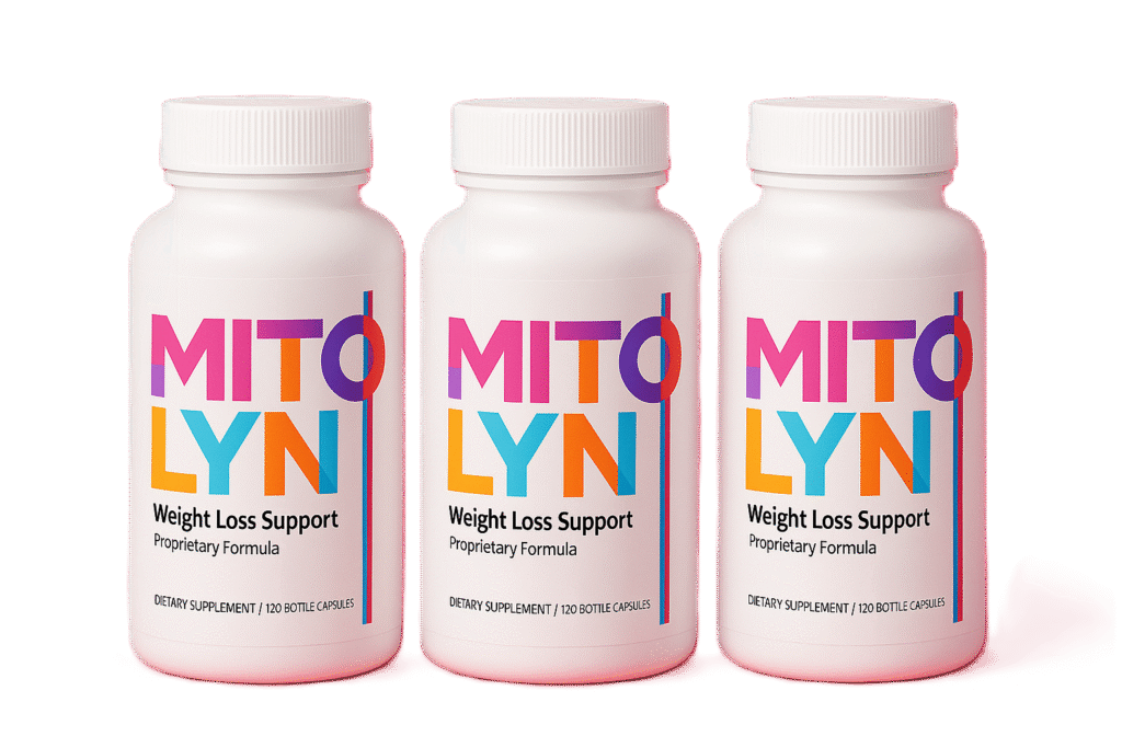 Mitolyn Official Website showing three bottles of Mitolyn weight loss supplement displayed on a black background