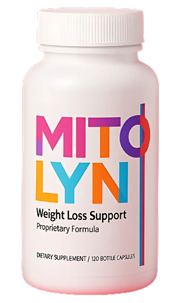 Mitolyn Review – Large Mitolyn weight loss support supplement bottle on pink background.