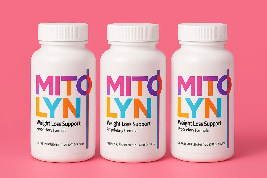 Mitolyn Review showing three bottles of Mitolyn weight loss support dietary supplement with 120 capsules
