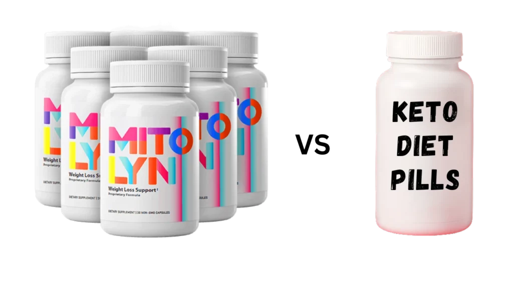 Mitolyn vs Keto Diet Pills with several Mitolyn bottles compared against one Keto diet pill bottle.