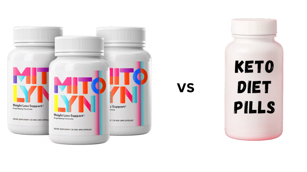 Mitolyn vs Keto Diet Pills featuring three Mitolyn bottles next to one Keto diet pill bottle.