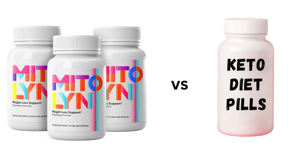 Mitolyn vs Keto Diet Pills featuring three Mitolyn bottles next to one Keto diet pill bottle.