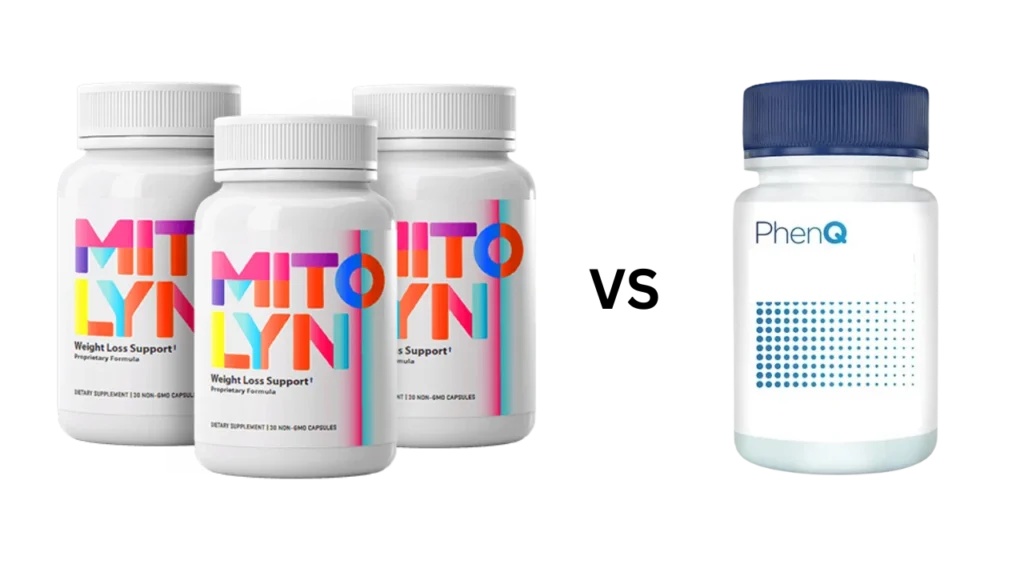 Mitolyn vs PhenQ comparison image showing several bottles of Mitolyn and PhenQ supplements for weight loss support