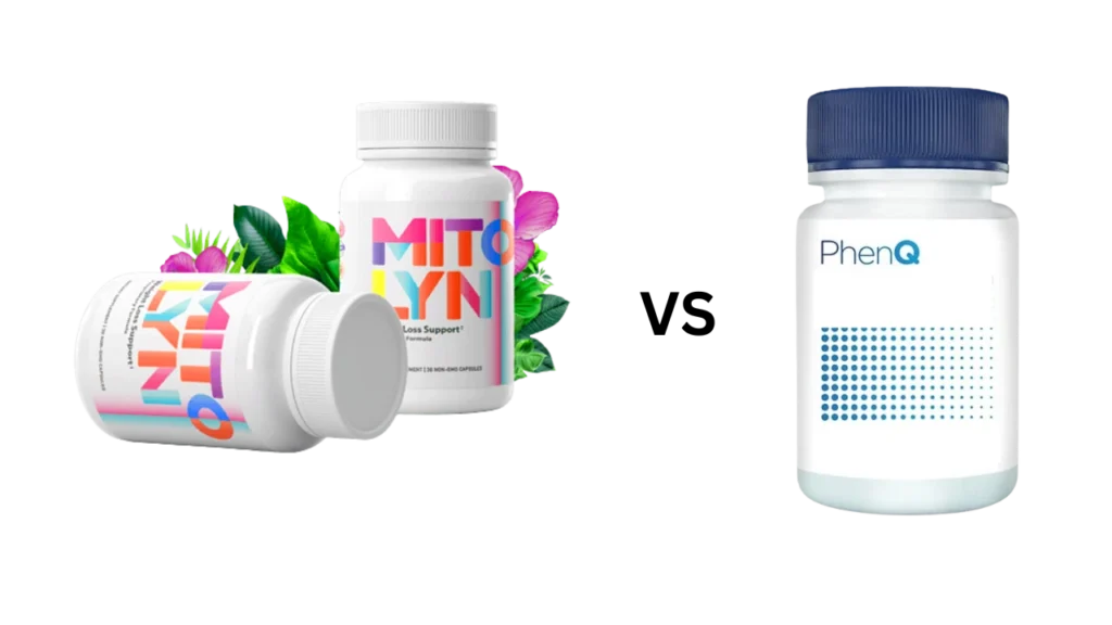 Mitolyn vs PhenQ comparison showing Mitolyn bottles with herbal ingredients beside PhenQ supplement bottle