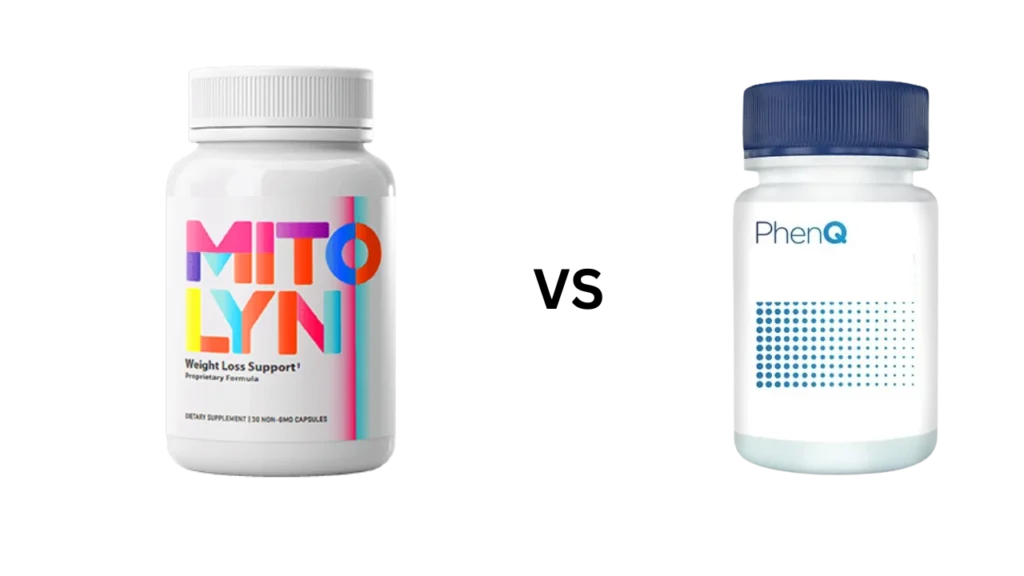 Mitolyn vs PhenQ product comparison showing one bottle of Mitolyn and one bottle of PhenQ dietary supplement