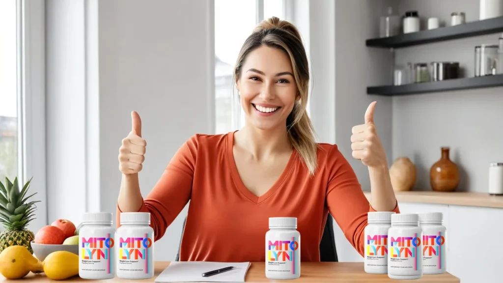 Real Mitolyn Customer Reviews showing a smiling woman giving thumbs up with Mitolyn weight loss supplement bottles